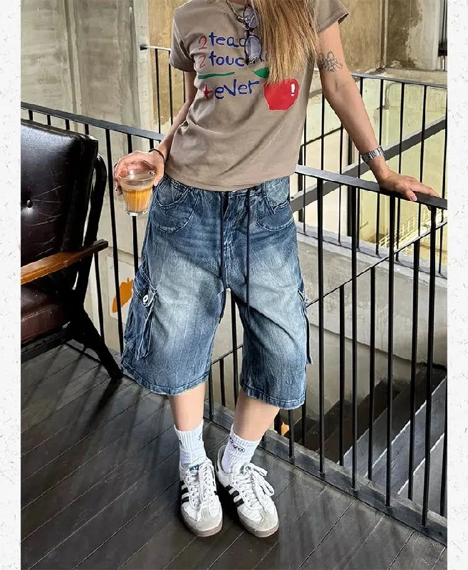 Best Deals Drawcord Lightning Pattern Denim Shorts