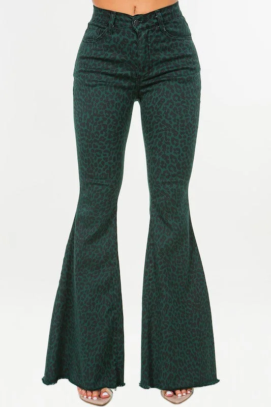 Markdown Sale Leopard Bell Bottom Jean in Green- Inseam 32