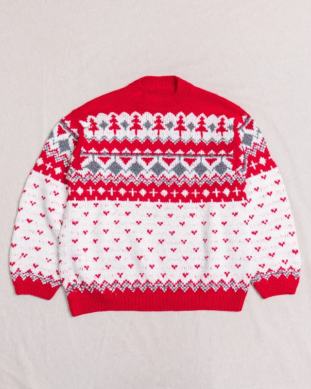 Shop and Save Red and Grey Pattern Knitted Sweater (M)