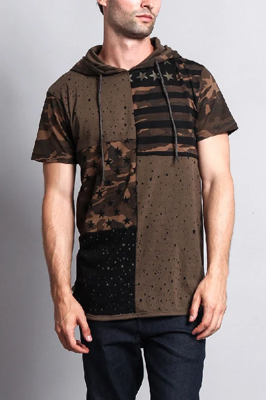 Massive Deals Star Print Block Camo Splatter Hooded T-Shirt