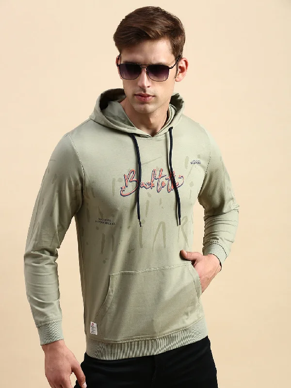 Quick Deals Men Green Printed Casual Hoodie