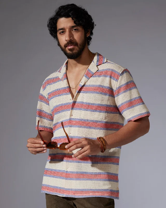 Weekend Deals That Sizzle Blue & Red Half-Sleeve Crochet Shirt