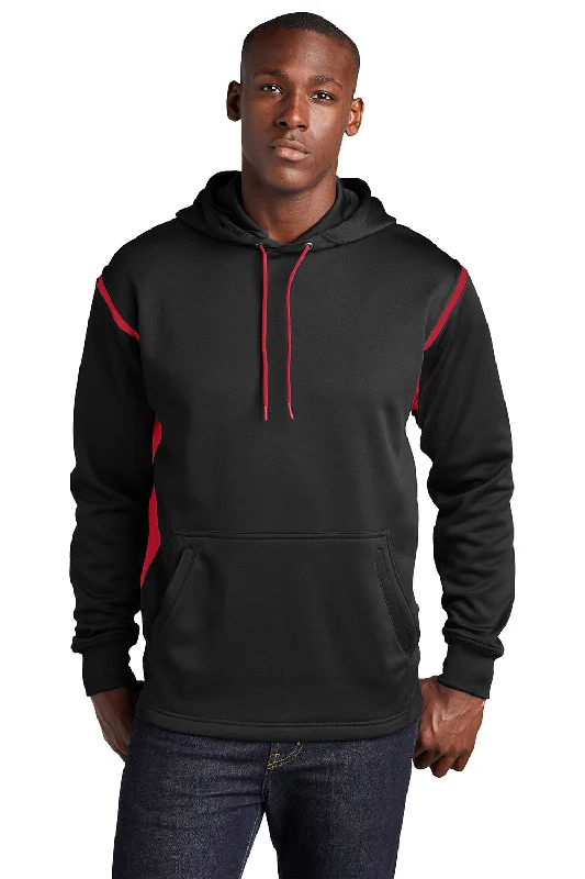 Flash Sale Sport-Tek Mens Tech Moisture Wicking Fleece Hooded Sweatshirt Hoodie w/ Pouch Pocket - Black/True Red