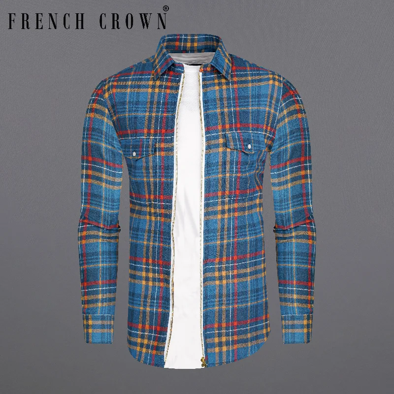 Weekend Savings Delight Marino Blue with Persian Yellow and Stiletto Red Plaid Flannel Designer Overshirt/Shacket with Zipper Closure Weekend Savings Delight Marino Blue with Persian Yellow and Stiletto Red Plaid Flannel Designer Overshirt/Shacket with Zipper Closure