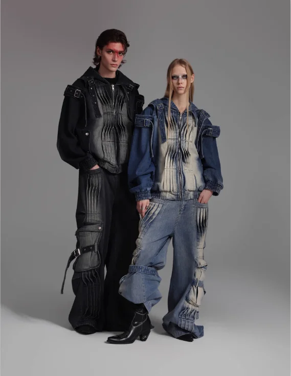 Exclusive Deal Faded & Pleated Multi-Detail Denim Jacket & Jeans Set