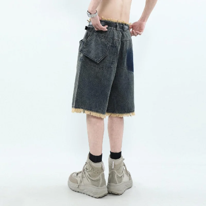 Special Price Asymmetric Pocket Tassel Hem Denim Shorts