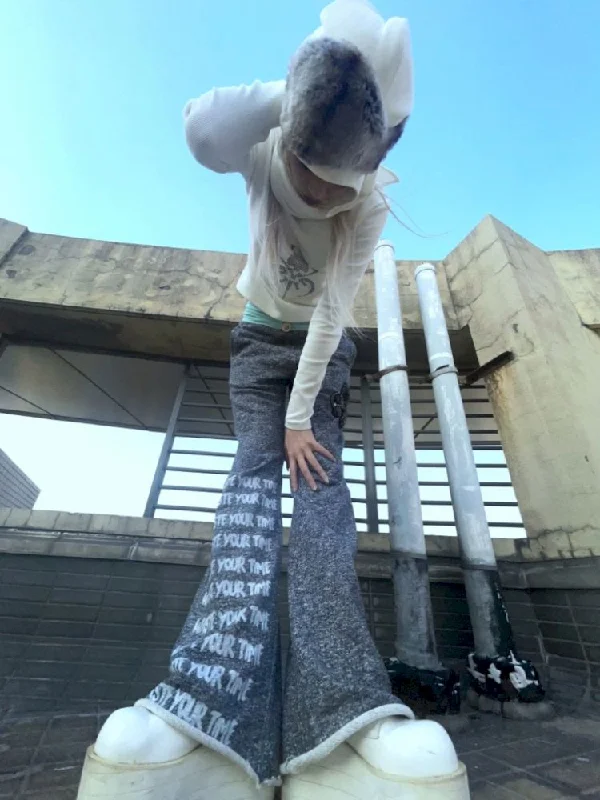 Clearance Items Low Rise Printed Studded Flared Stacked Sweatpants【s0000007169】