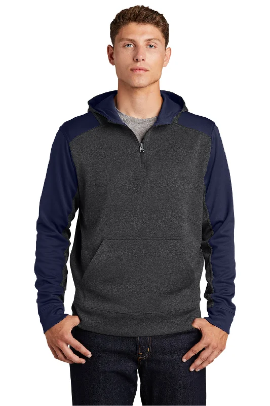 New Deal Sport-Tek Mens Tech Moisture Wicking Fleece 1/4 Zip Hooded Sweatshirt Hoodie w/ Patch Pocket - Heather Graphite Grey/True Navy Blue New Deal Sport-Tek Mens Tech Moisture Wicking Fleece 1/4 Zip Hooded Sweatshirt Hoodie w/ Patch Pocket - Heather Graphite Grey/True Navy Blue