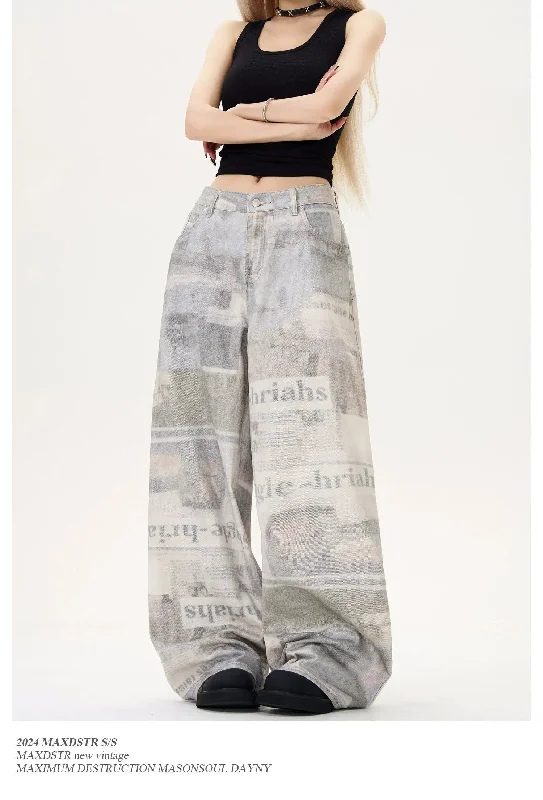 Weekend Sale: Don't Miss Out Newspaper Full-Print Baggy Jeans