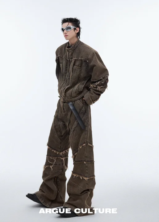 Weekend Discounts to Delight Washed Tassel Detail Denim Jacket & Jeans Set