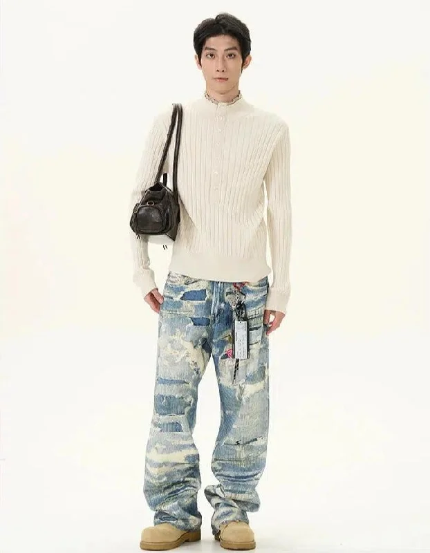 Act Fast Washed Ripped Pattern Jeans