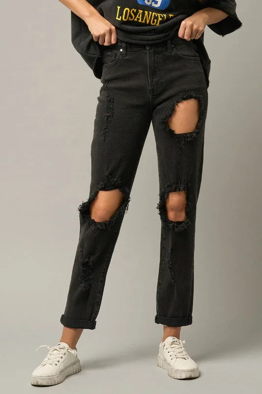 Your Weekend, Your Savings High Waist Destroyed Black Jeans