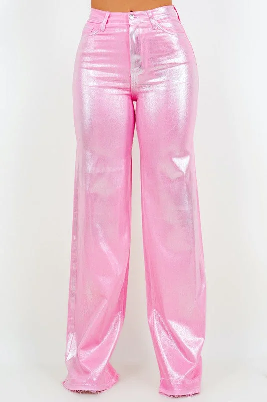 Stock Up and Save Metallic Wide Leg Jean In Pink - Inseam 32