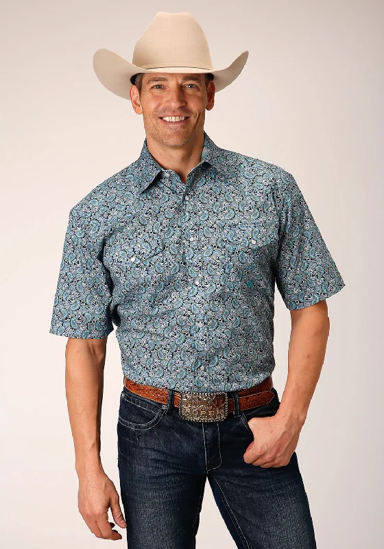 Weekend Offers That Dazzle Roper Mens Peacock Paisley Blue 100% Cotton S/S Shirt