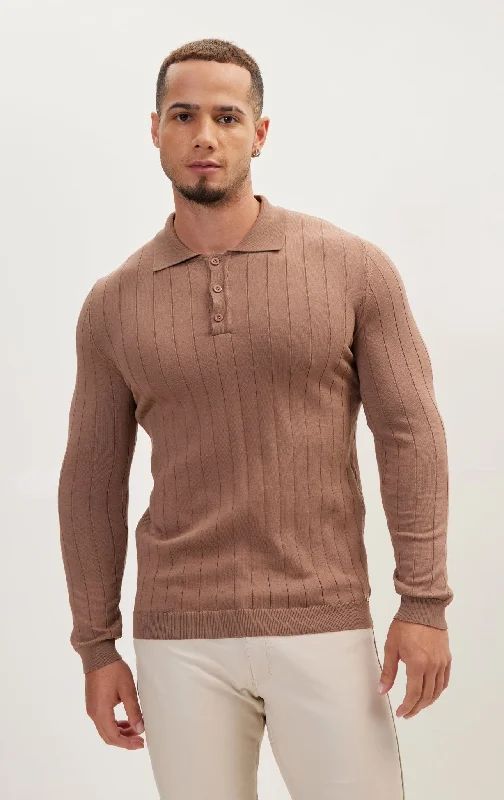 Don't Miss Slip-Stitch Polo Neck Long Sleeve Sweater - Light Brown