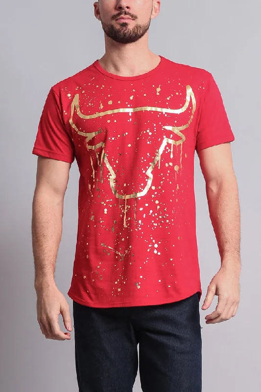 New Arrival Metallic Paint Splattered Bull Logo Long Length Curved Hem T-Shirt