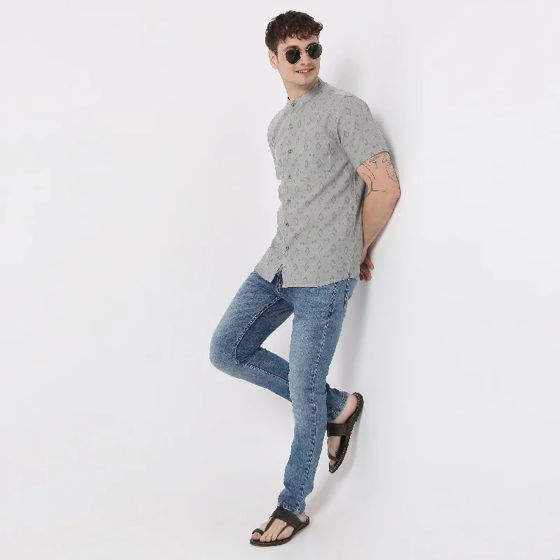 Take Advantage Yard Dyed Printed Mandarin Collar Half Sleeve Shirt