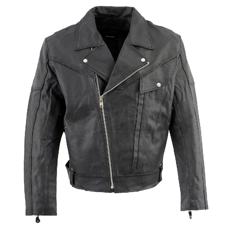 Fantastic Deals Genuine Leather EL1055 Men's Black Classic Vented ‘Braided’ Moto Jacket with Utility Pocket