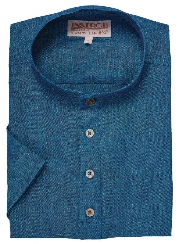 Seasonal Clearance MEN'S DEEP SEA BLUE LINEN BANDED COLLAR POP OVER SHIRT BY INSERCH