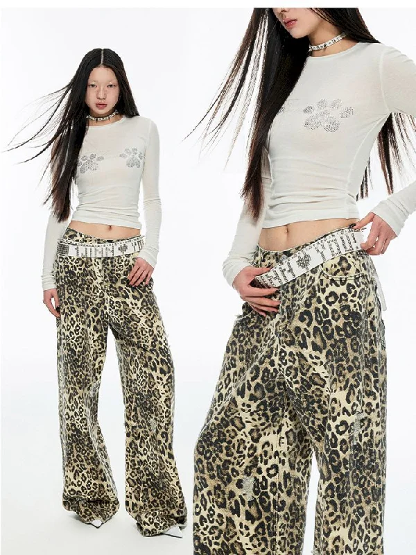Weekend Discounts to Enjoy Leopard Print Canvas Wide Leg Pants [s0000006289]