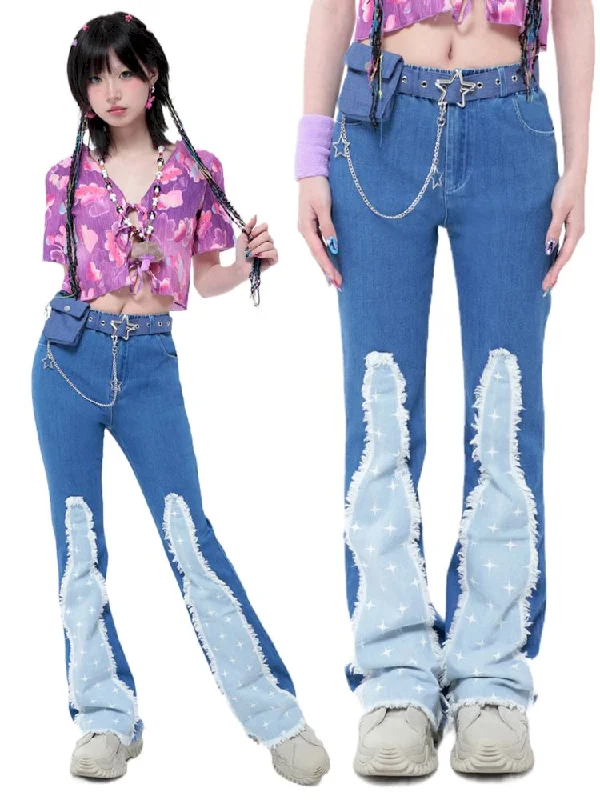 Savings Galore Stretch Flare Star Spliced ​​Raw Edge Jeans【s0000006582】