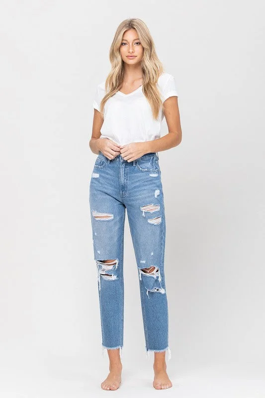 Instant Savings Distressed Raw Hem Mom Jeans