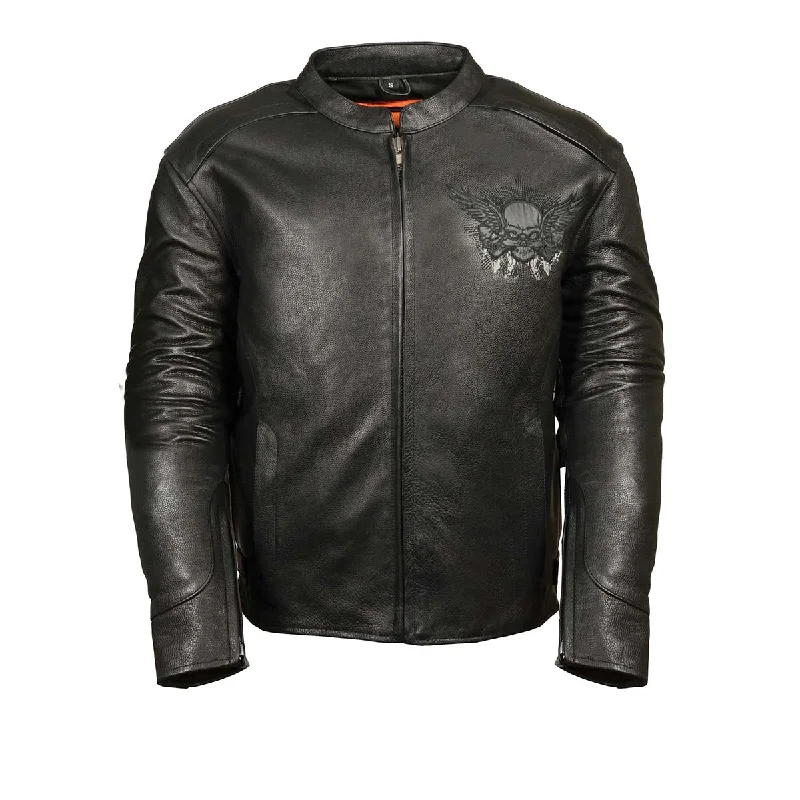 Discount Mania Milwaukee Leather ML2055 Men's Black Leather Scooter Jacket with Reflective Skull Design Discount Mania Milwaukee Leather ML2055 Men's Black Leather Scooter Jacket with Reflective Skull Design