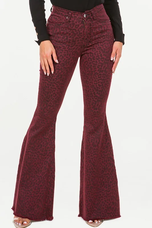 Major Deal Leopard Bell Bottom Jean in Burgundy- Inseam 32