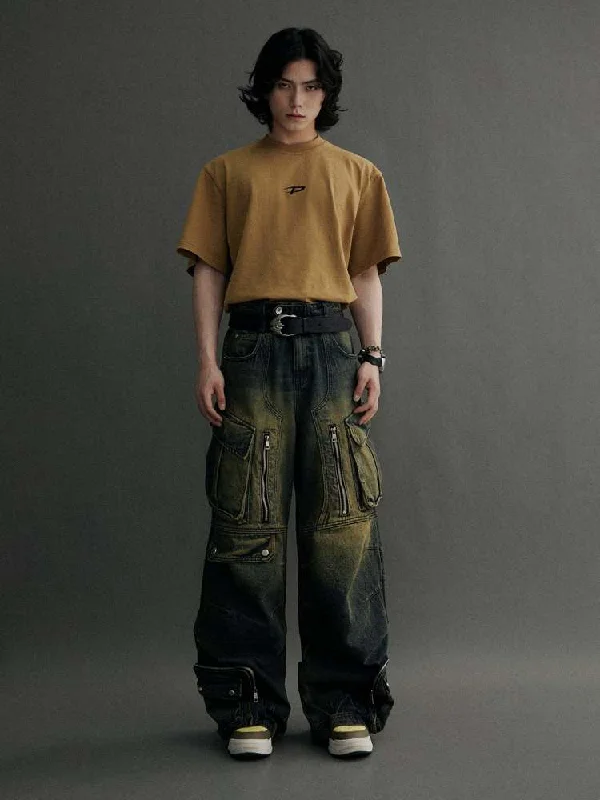 Shop Now Multi Pocket Wide Leg Washed Denim Jeans【s0000006749】