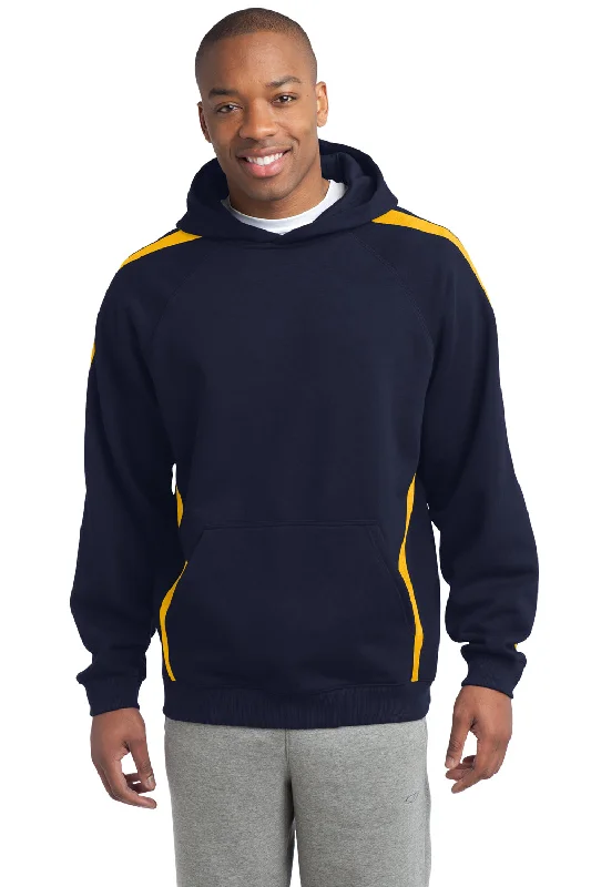 Final Clearance Sport-Tek Mens Shrink Resistant Fleece Hooded Sweatshirt Hoodie w/ Pouch Pocket - True Navy Blue/Gold - Closeout
