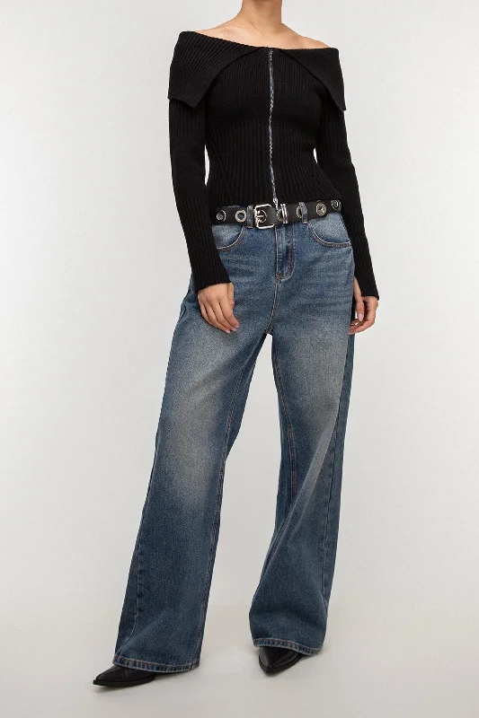Weekend Discounts to Enjoy TWO-WAY ZIP FRONT OFF SHOULDER SWEATER