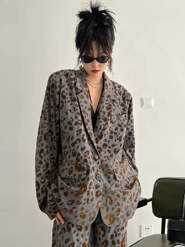 Warehouse Sale Fashionella Vintage Oversized Leopard Blazer Jacket Pants Set