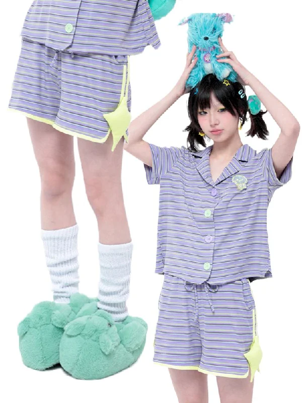 Super Bargain Casual Retro Sporty Purple Striped Star Shorts【s0000006578】