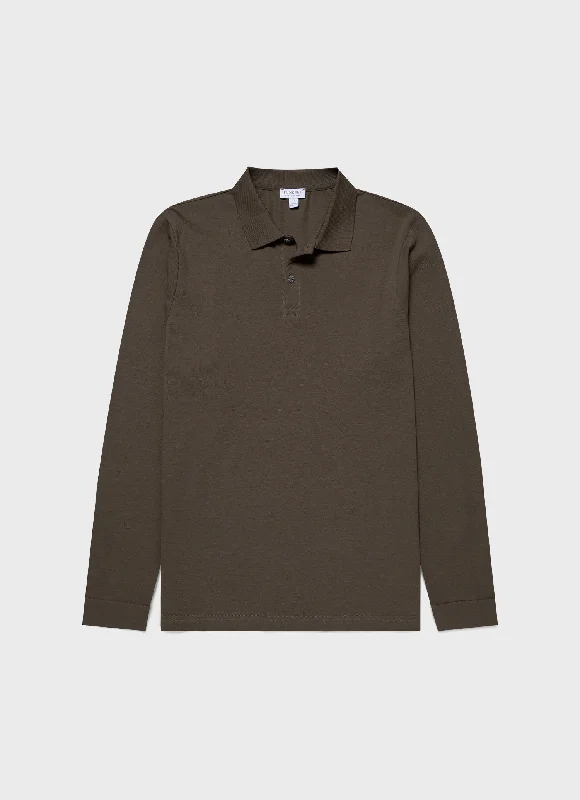 Discount Deals Men's Long Sleeve Piqué Polo Shirt in Khaki
