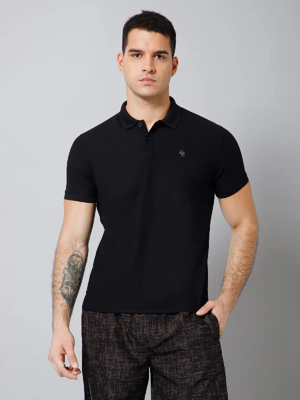 Today Only Regular Fit Solid Polo Neck Half Sleeve Black Active Wear T-Shirt for Men