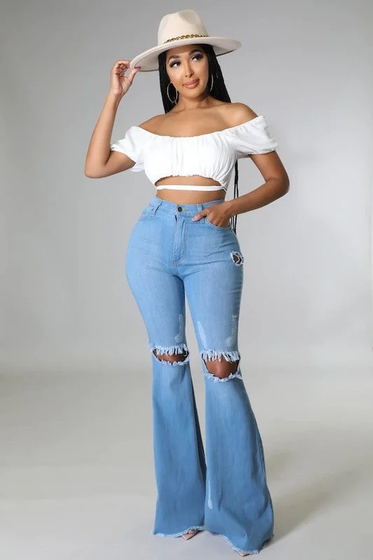 Weekend Bargains Galore Knee Rip Flare Jean Medium Wash- Inseam 32