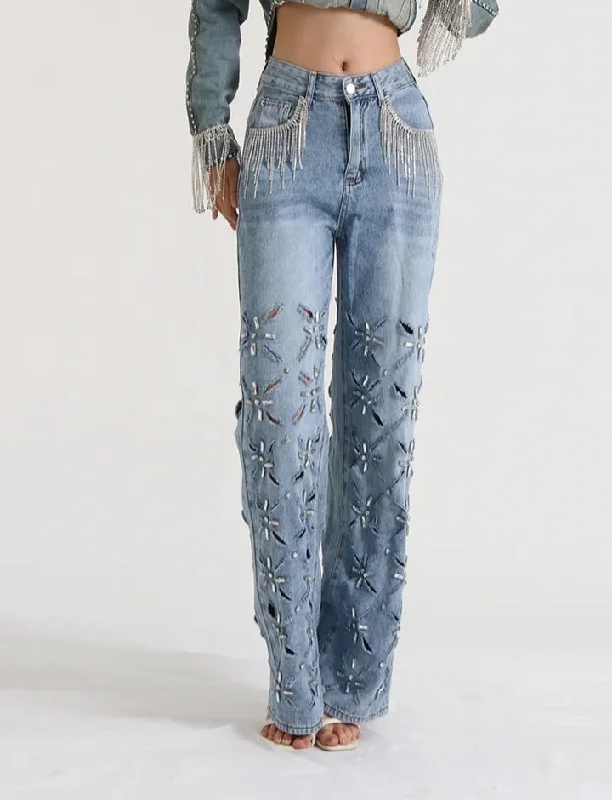 Super Sale Fashionella Rhinestone Hollow Out Tassel High Waist Women Jeans