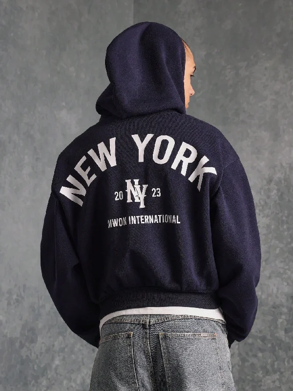 Inventory Reduction Crop Fit Zip Through Hoodie With New York Graphic Print