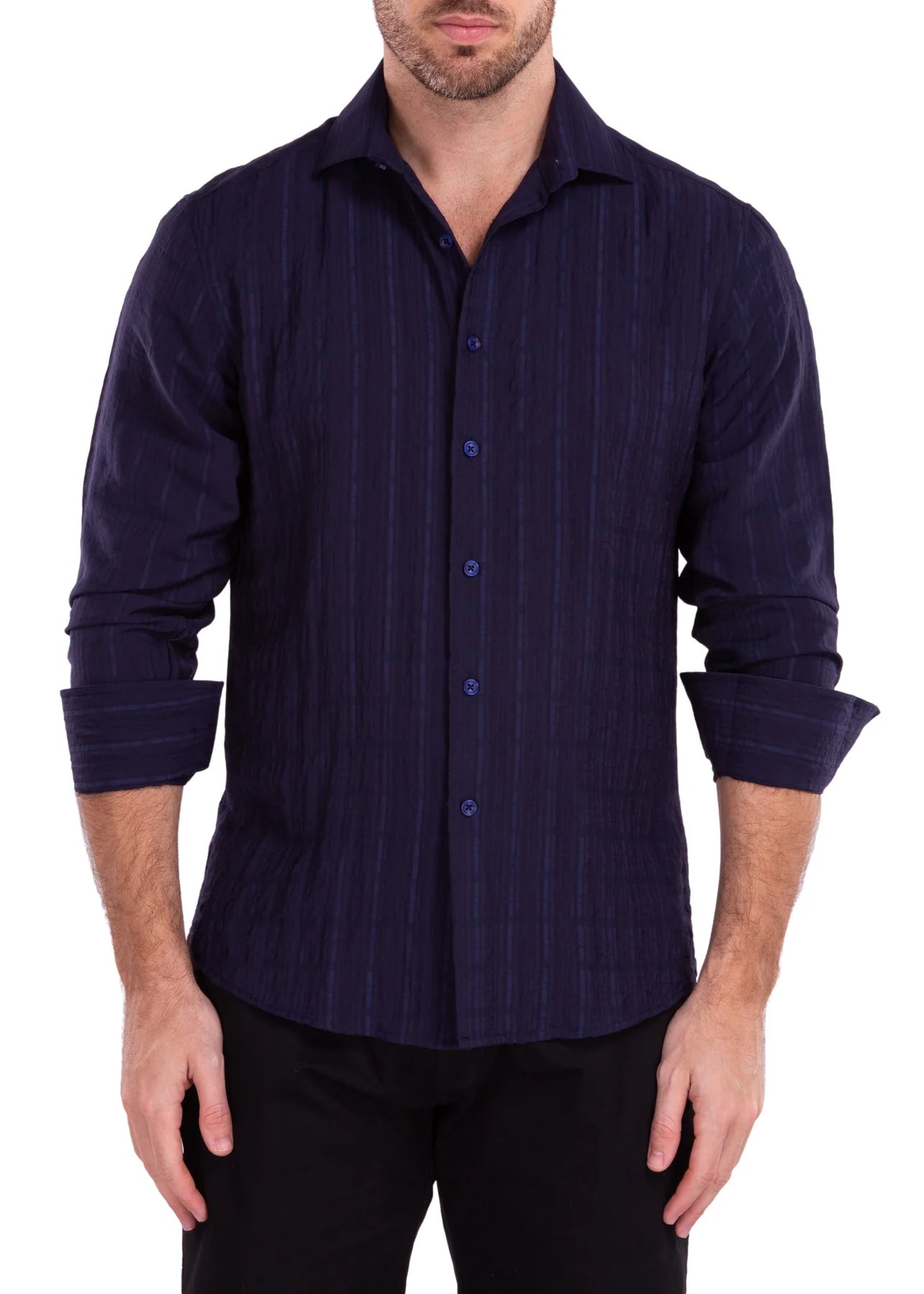 Savings Bonanza BeSpoke Mens Fancy Wrinkle Look Long Sleeve-Navy