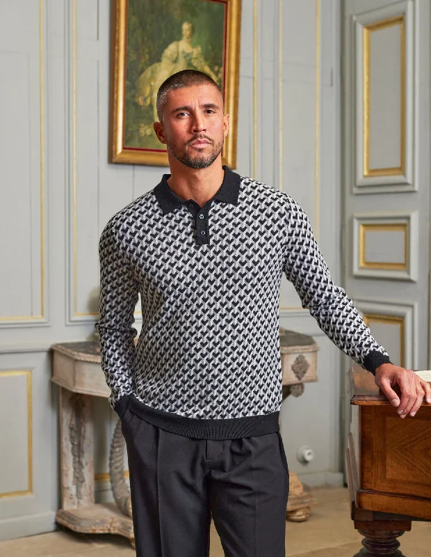 Exclusive Savings L/S Monochrome Illusion Knit Print Polo