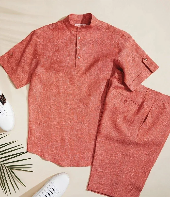 Today’s Special MEN'S TANGY ORANGE LINEN BANDED COLLAR POP OVER SHIRT BY INSERCH