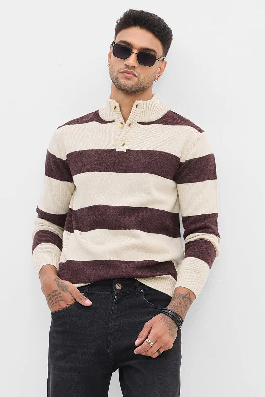 Best Deals Dark Brown High Neck Stripes Sweater