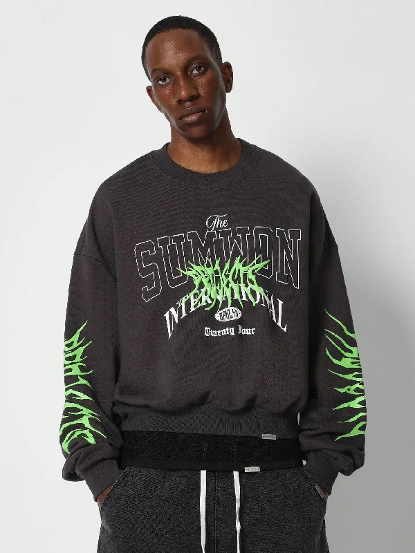 Deep Discounts Crop Fit Loop Back Washed Sweatshirt With Sleeve Neon Graphic