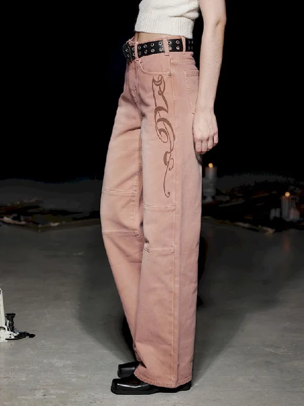 Markdowns Relaxed Casual Printed Dirty Pink Jeans【s0000005489】