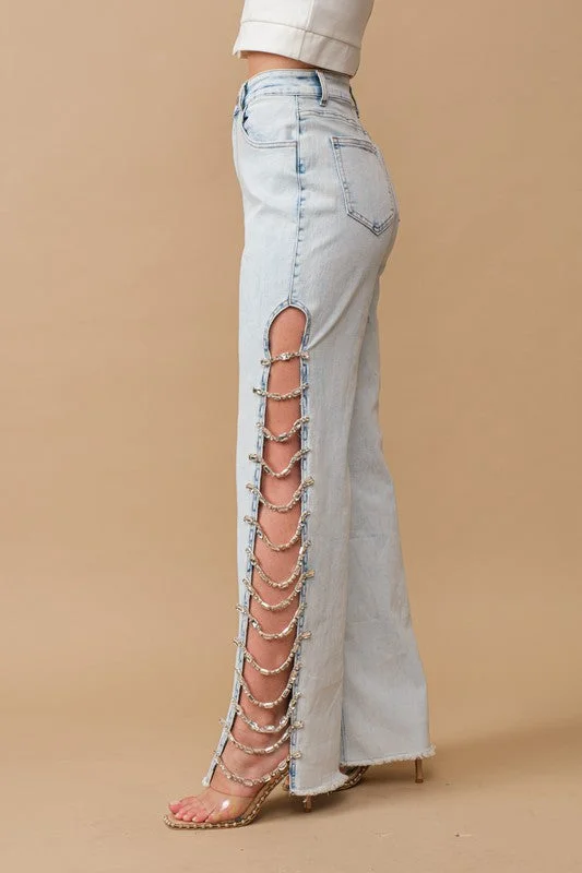 Price Meltdown Cut Out At Side w/ Jewel Trim Stretch Denim Jeans
