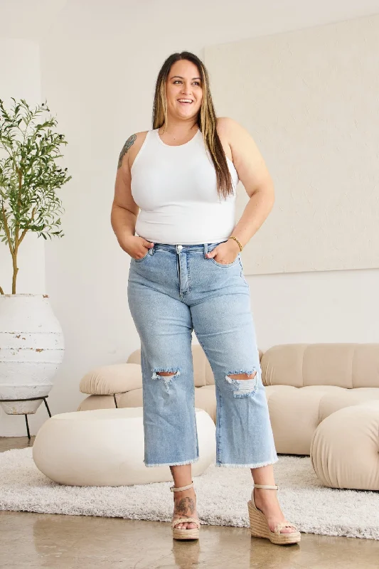 Crazy Deal Tummy Control High Waist Raw Hem Distressed Jeans