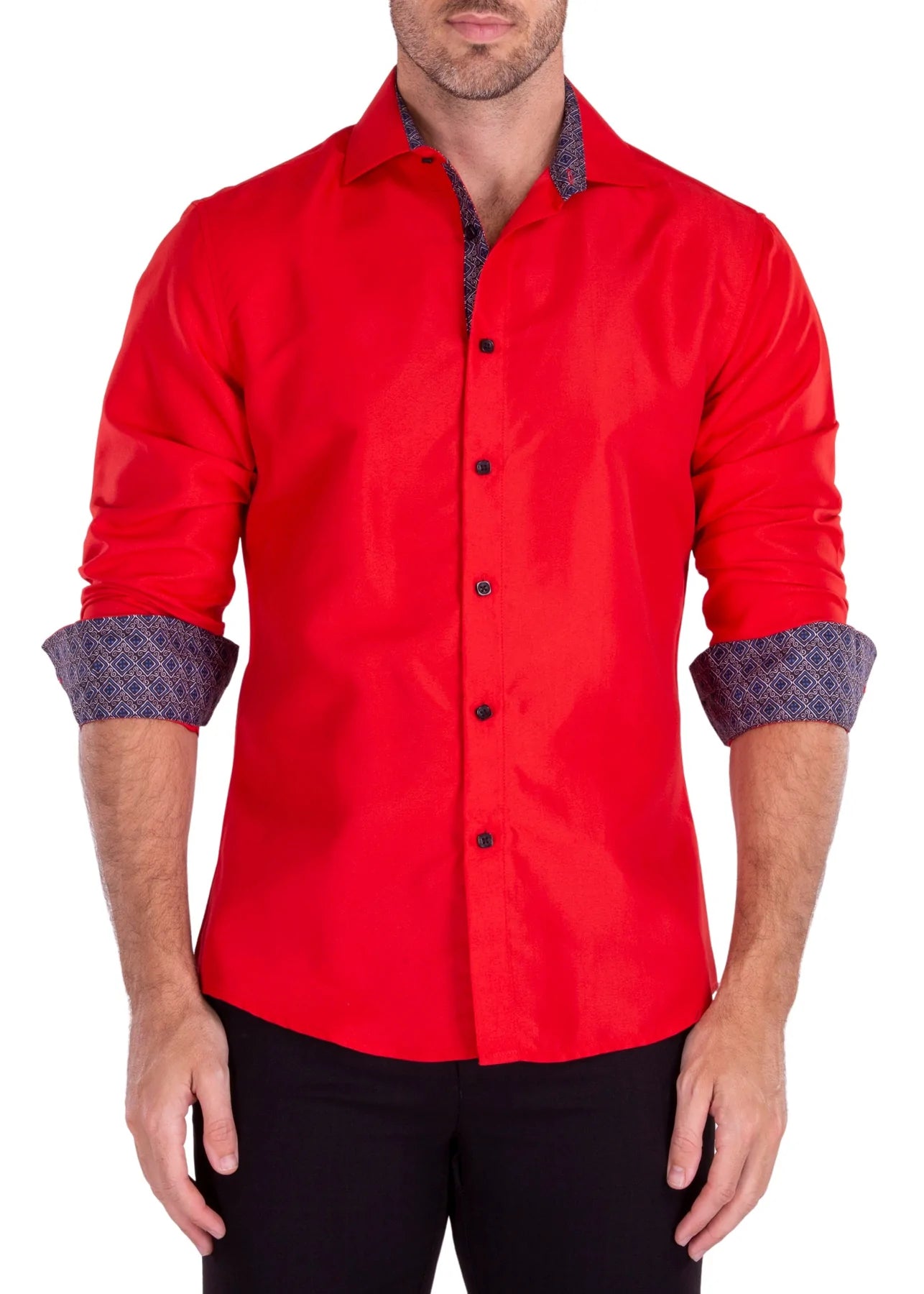 Final Markdown Bespoke  Men's Shirt Red Solid Stretch Fabric Cotton Long Sleeve