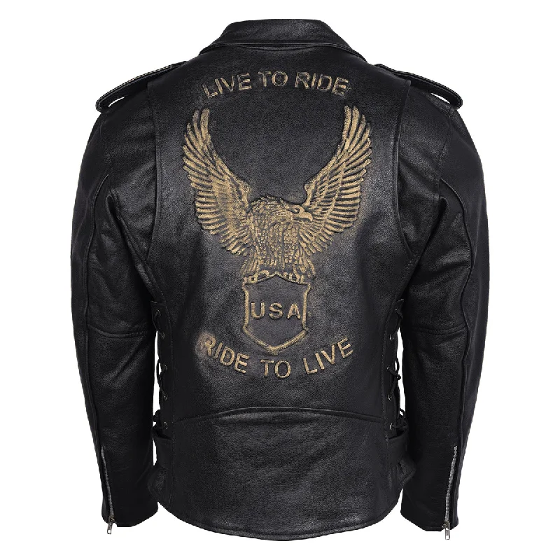 Major Savings HMM525 Men's Eagle Embossed Live To Ride - Ride To Live Classic Black Leather Motorcycle Biker Jacket