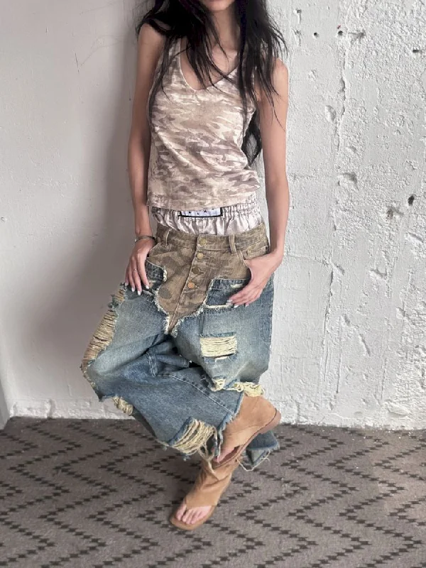 Weekend Deals That Thrill Low-rise ripped camouflage patchwork denim【s0000008505】