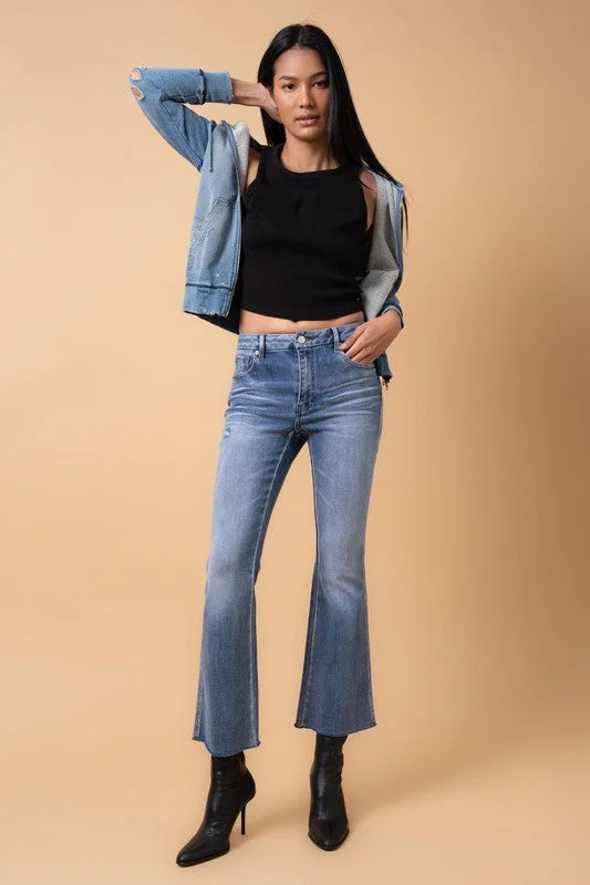 Price Meltdown Mid Rise Crop Flare Stretch Jeans in Dark Denim